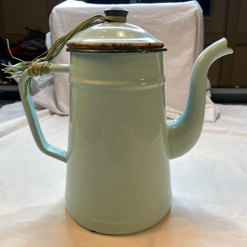 Vintage Enamelware Mint Coffee pot, chic, French‎ Country farmlife